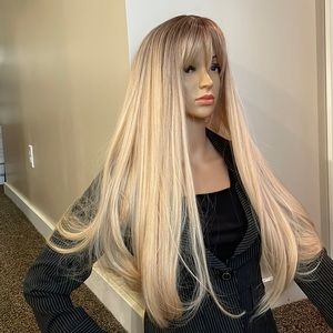 blonde wig straight round ends ombré dark blonde light honey blonde bangs 26”